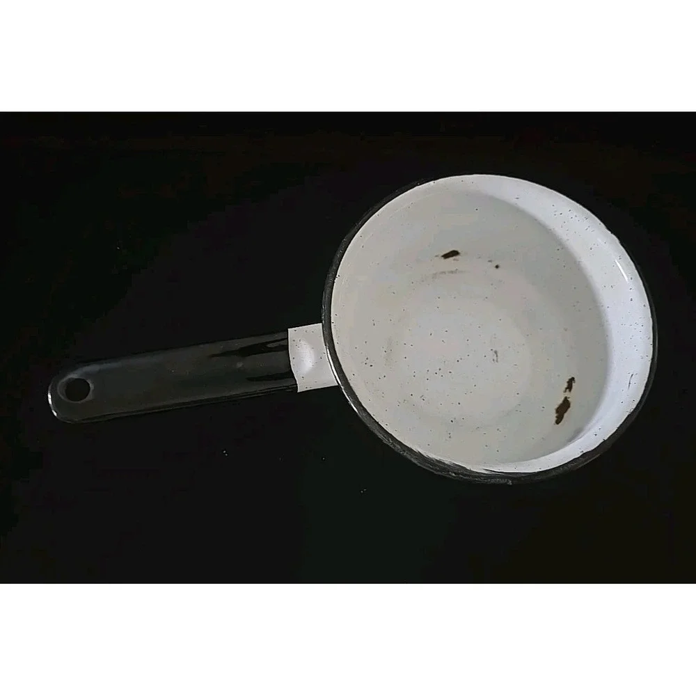 Antique Farmhouse White/Black speck Enamelware black trim saucepan / nesting pot